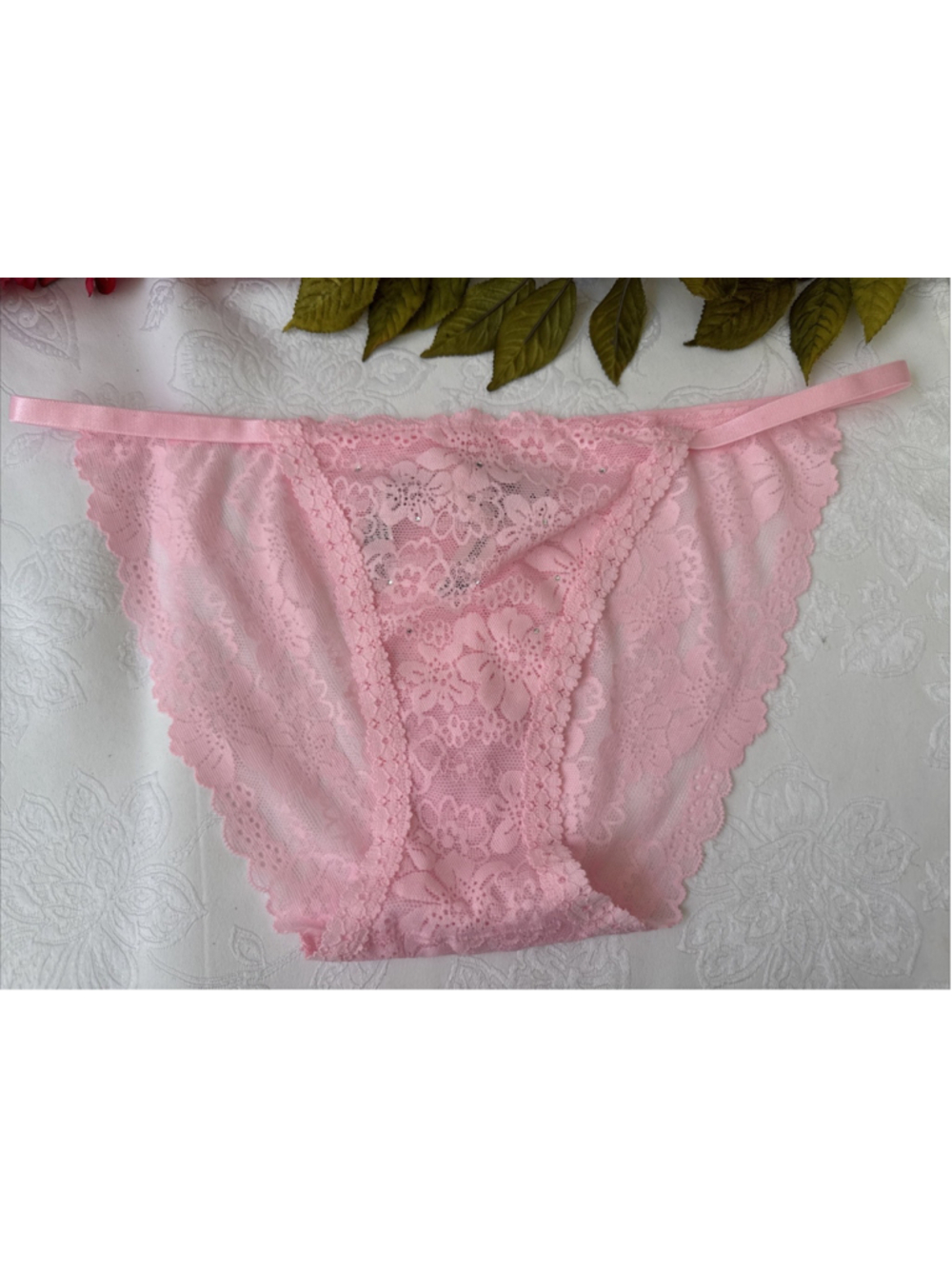 PINK VICTORIA'S SECRET S PINK LACE RHINESTONES BLING STRING BIKINI PANTIES NWT